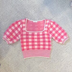 Cropped Square Neck Plaid Puff Sleeve Sweater Size Medium